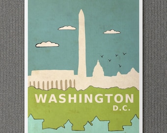 LARGE City Skyline Poster - Washington D.C. - 16x20 Travel Illustration and Typography Print