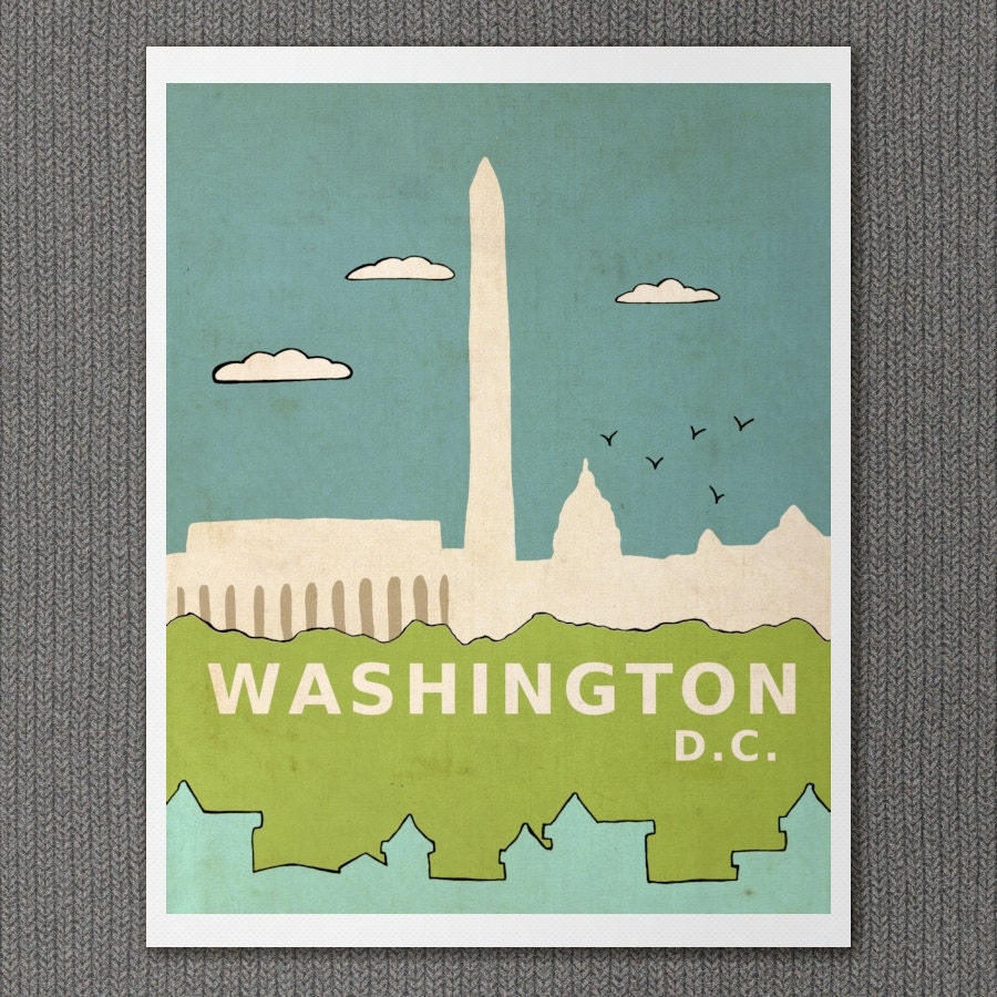 LARGE City Skyline Poster - Washington D.C. - 16x20 Travel Illustration and Typography Print