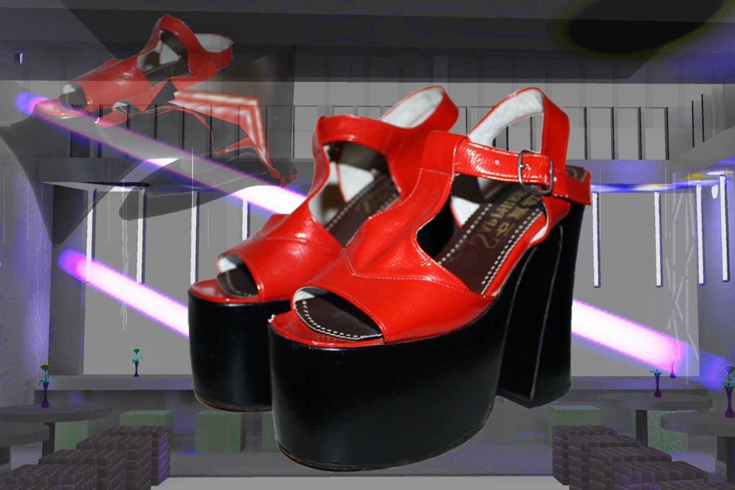 Vintage 70s women's red disco dancing platform sandals us size 6