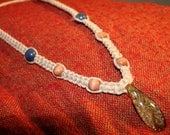 Thick natural plain hemp necklace with wood beads and handblown glass pendant, macrame, hippie, dichro