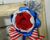 the LIBERTY Couture Headband Layered Red, White and Blue Flower with Feathers and Bow Memorial Day, Fourth of July