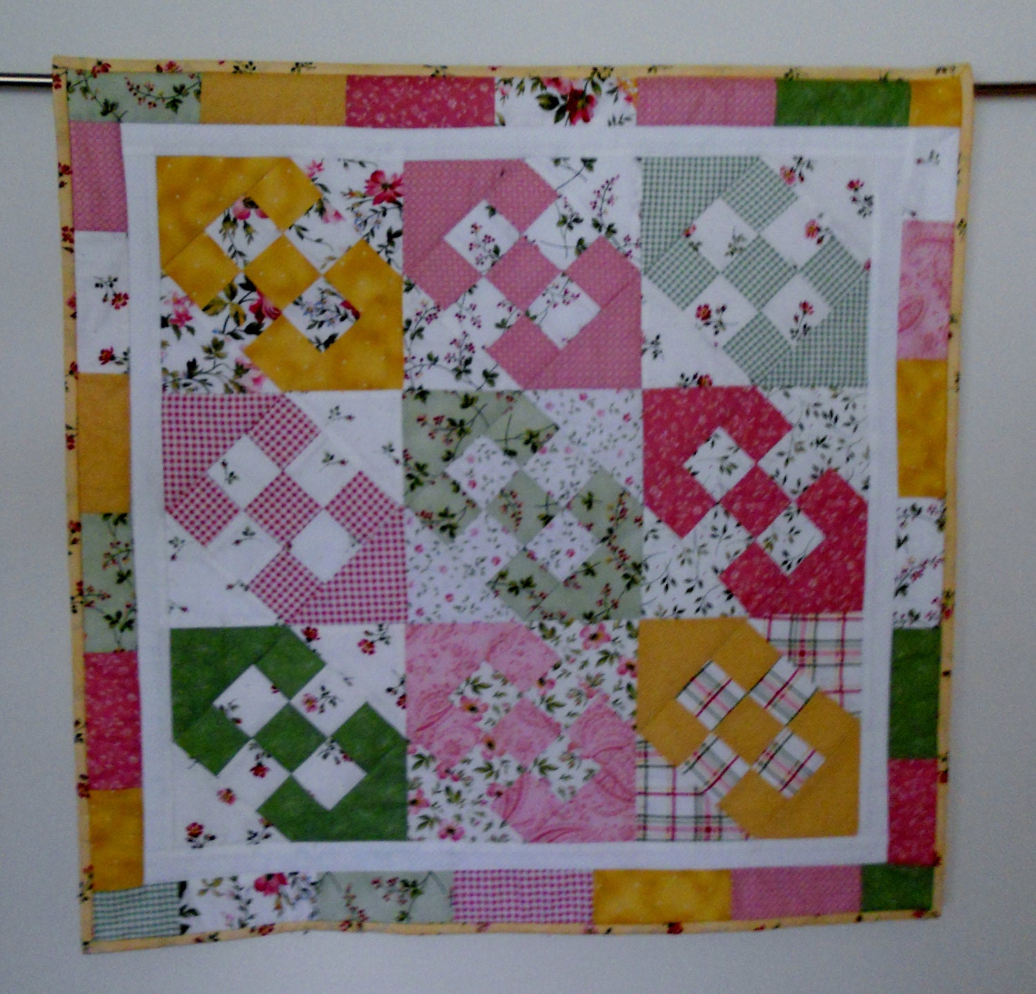 Cottage Chic Flowers Quilted Wall Hanging Table Topper Runner Pastel Nine Patch