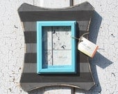 5x7 Distressed Photo Frame, Black and Gray striped Frame with Blue Interior