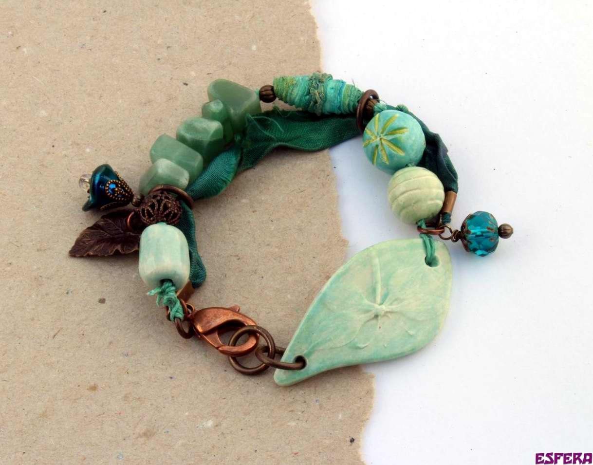 Green bracelet, ceramic beads, bo hulley, sari silk, boho bracelet, bracelet bar, Carolyn Saxby, tyvek, by esfera jewelry