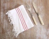 Vintage white French tiny tea towel or waffle cloth torchon with red stripes and tassels