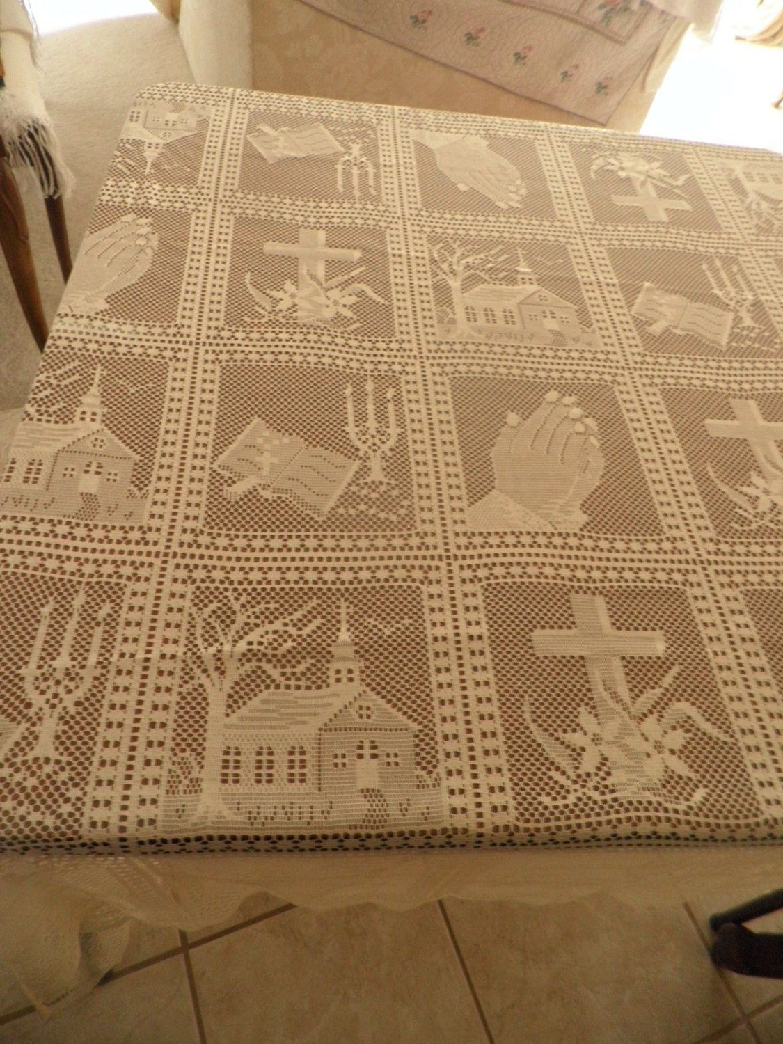 Ecru lace tablecloth with praying hands church cross by karensnook