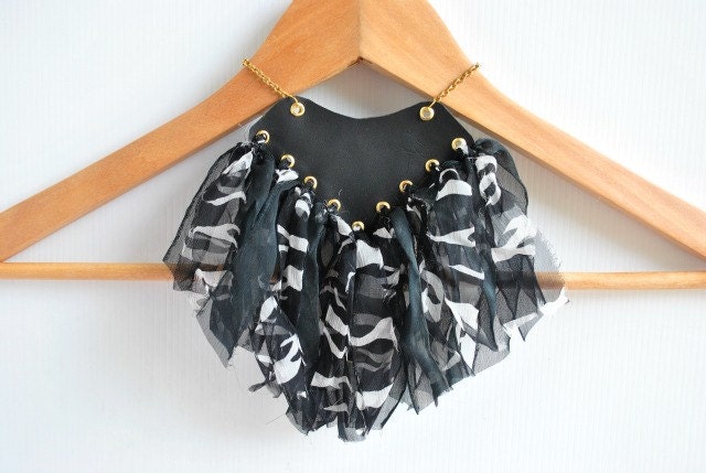 Tribal Necklace, Upcycled Eco, Bib Statement Jewellery, Amazon Warrior, Bohemian Gypsy, Black White Zebra Fabric, Leather