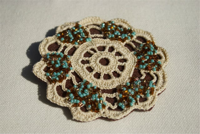 Upcycled Eco, Vintage Doily, Felt Brooch, Statement Jewellery, Turquoise Brown Chocolate
