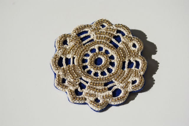 Upcycled Eco Friendly, Vintage, Beaded, Crochet Doily, Felt Brooch, Bridal Jewellery, Silver Gold, Navy Blue