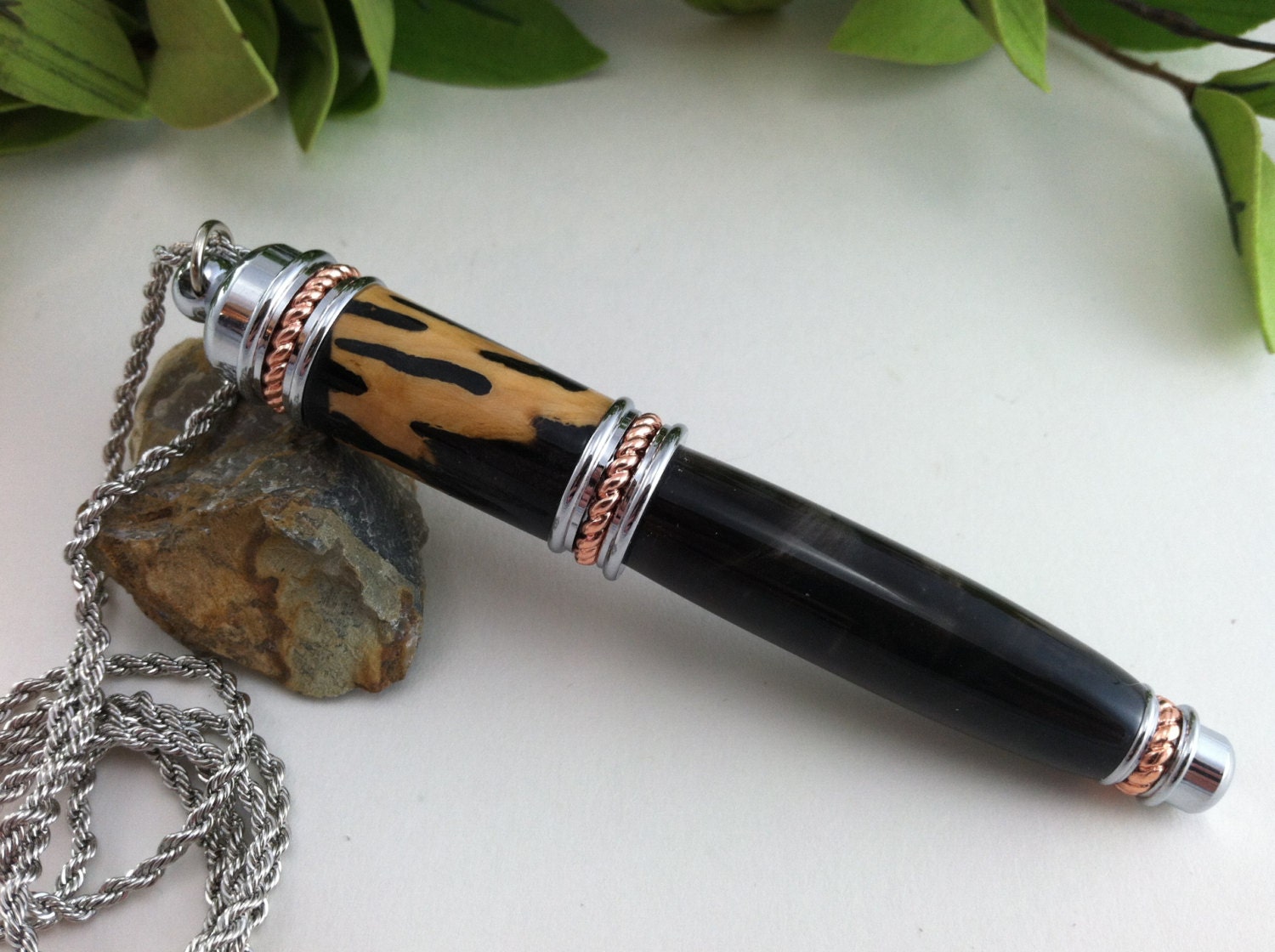 Personalized Necklace Writing Pen - Cholla Cactus Black and Silver Inlay Necklace Writing Pen - Free Engraving