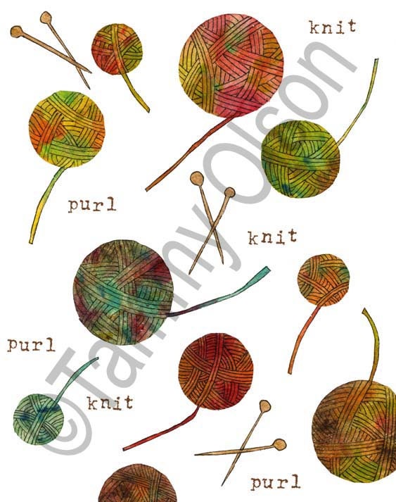 knitting art, mixed media, yarn, knitting needles, collage,  8 x 10 limited edition print 1/250  "Knit and Purl"