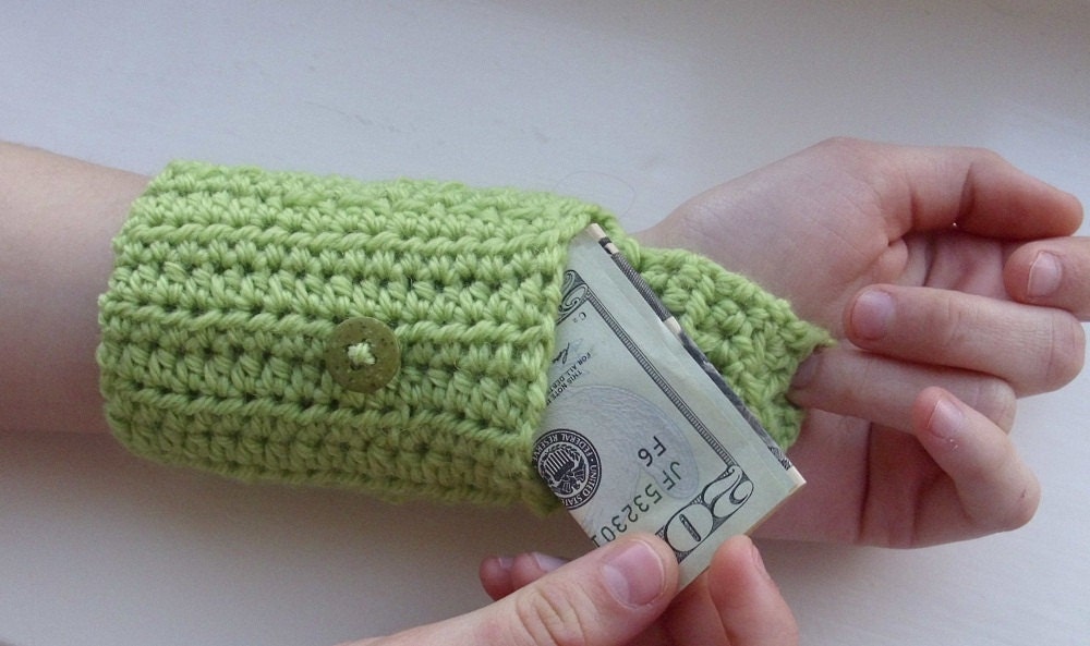 Handsfree Wallet  - Crochet Wristlet Arm Purse - arm warmer - light green