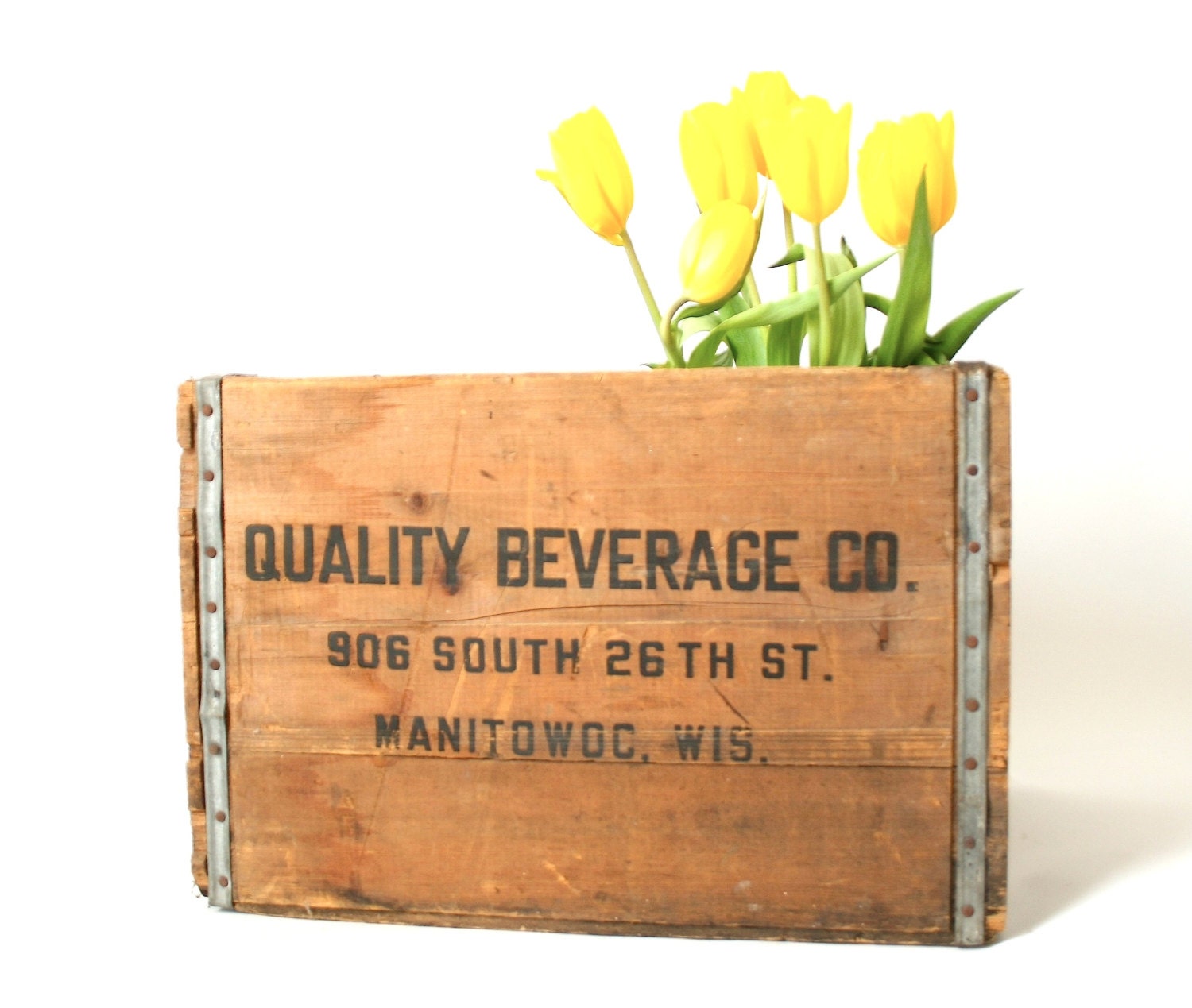 Vintage Industrial Wood Crate ... Quality Beverage Co., Divided Crate, Handles, Box for Bottles, Carrier, Storage