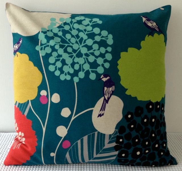 NEW Japanese fabric cushion cover in blue / teal background with bird and floral motif, throw pillow, decorative cushion