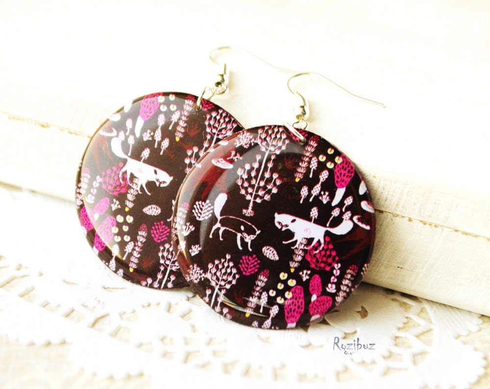 Fox dangle earrings -  resin earrings, print foxes jewelry, pink red, nature forest, gift idea for her - made to order