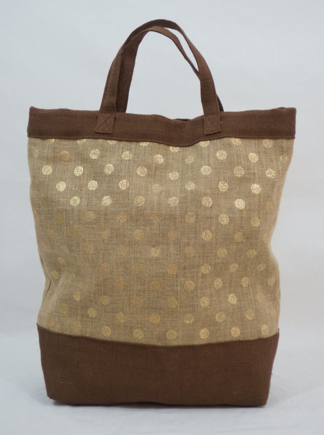 Extra Large/Over Sized Natural Jute Tote with Gold Polka Dot Print and Brown Jute Bottom