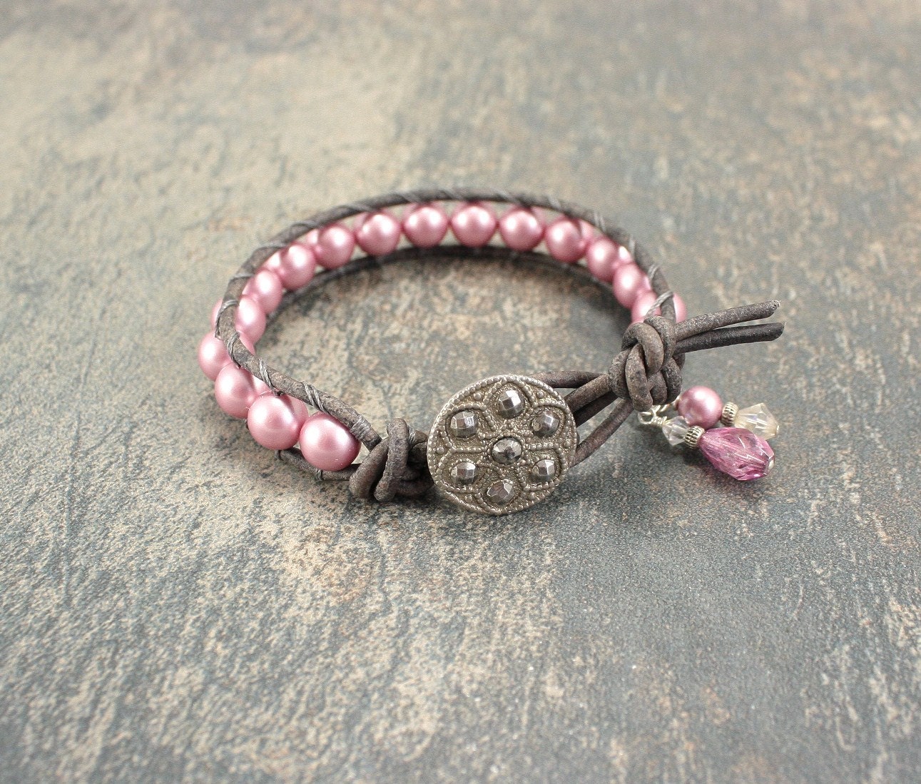 Pink Wrap Bracelet Swarovski Crystal Pearls Leather Wrap Bracelet Gray Unique Shabby Boho Chic