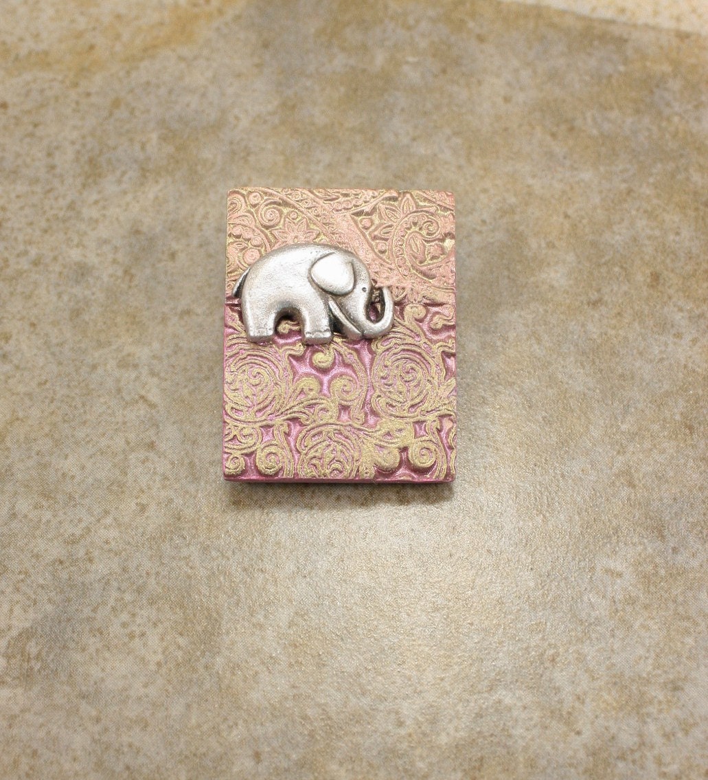 Elephant Brooch Silver Pink Olive Green Peach Elephant Pin