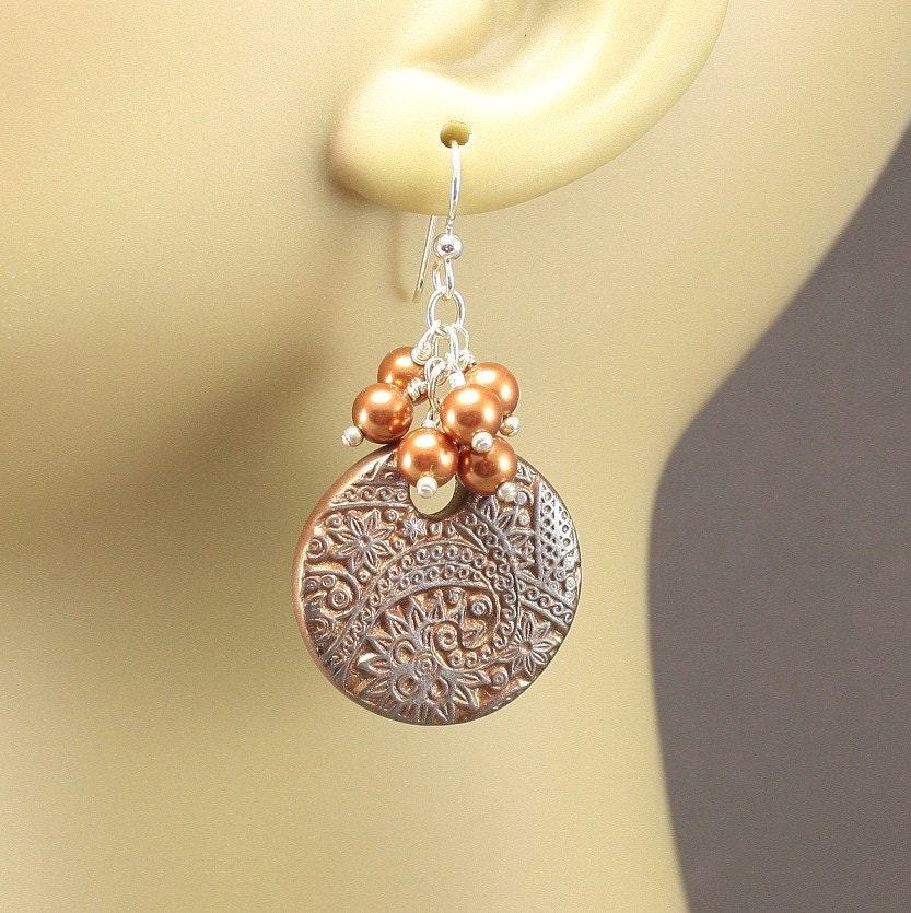 Bronze Dangle Earrings Sterling Silver Freshwater Pearls Gold Floral Paisley Bold Earrings Artisan Boho Chic