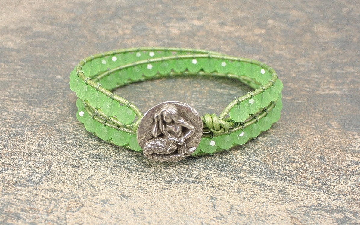 Mermaid Bracelet Silver Kiwi Green Leather Wrap Bracelet Beach Boho Chic Mermaid Jewelry