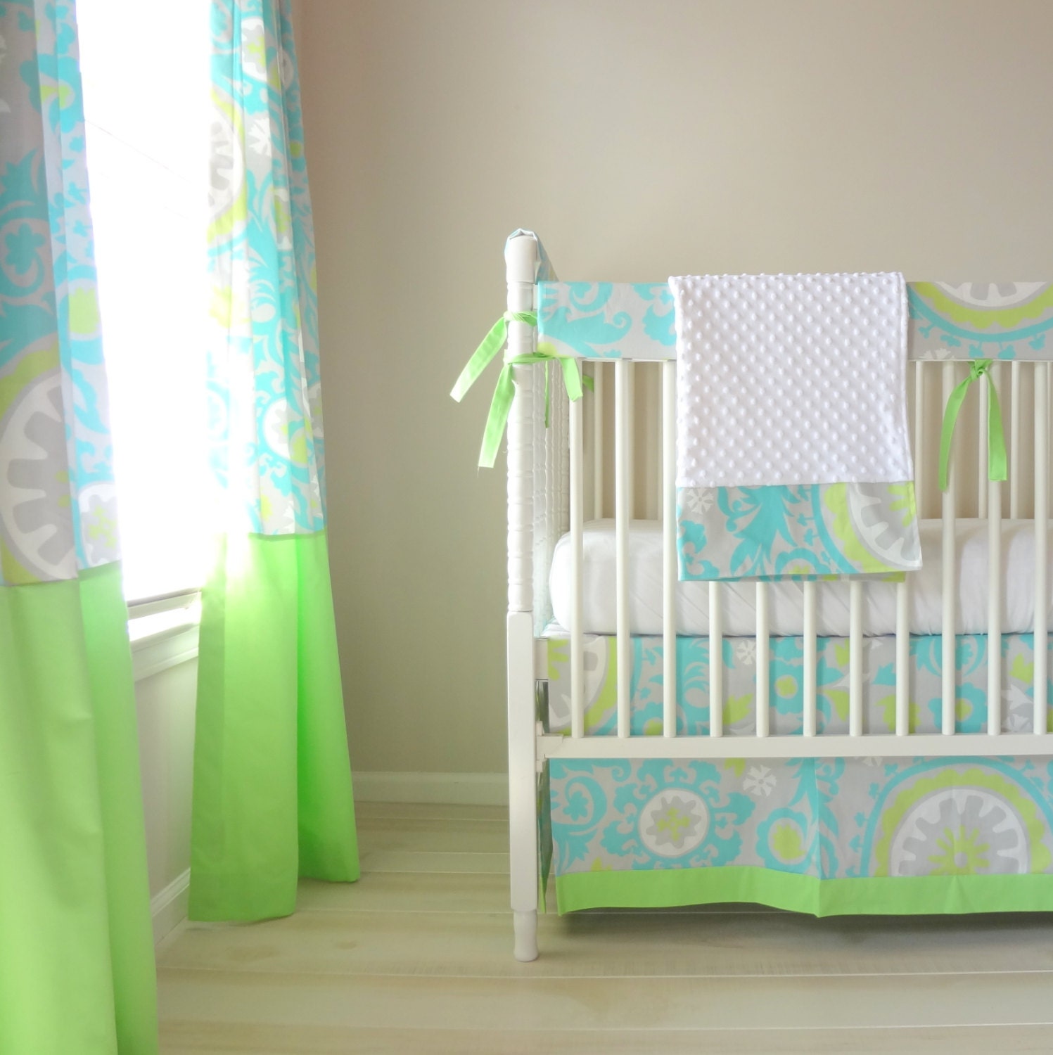 Ocean Blue Bumperless Crib Rail baby bedding set.