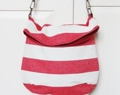 Messenger Bag - White Red Striped -  2 Pockets - Adjustable Strap - Medium Size in Recycled Fabric