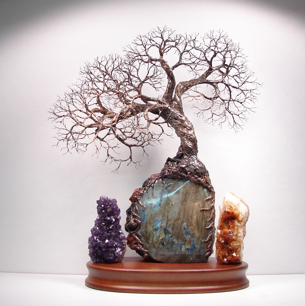Tree Of Life Spirit of Light on Labradorite, Aquamarine, Tourmaline, Jasper, Wood base, original art, Wedding, Anniversary