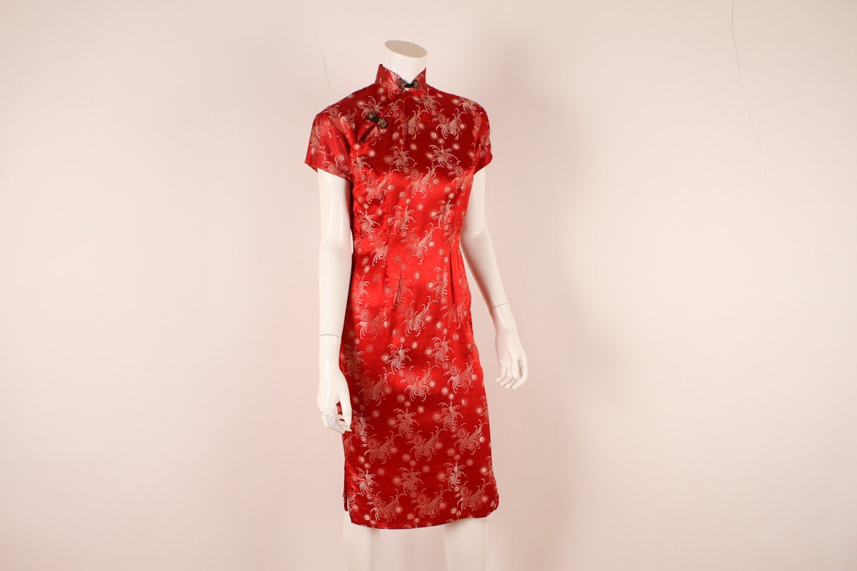 1950s Cheongsam / 50s Bombshell Pin Up / Red and Gold Silk Wiggle Dress / M