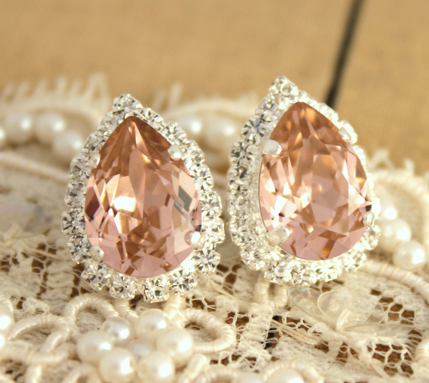 Pink Crystal big teardrop stud earring - Silver plated post earrings real swarovski rhinestones .