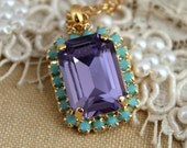 Purple violet Turquoise Crystal necklace,bridesmaids,Bride jewelry - 14 k gold filled necklace with 14 k plated pendent.