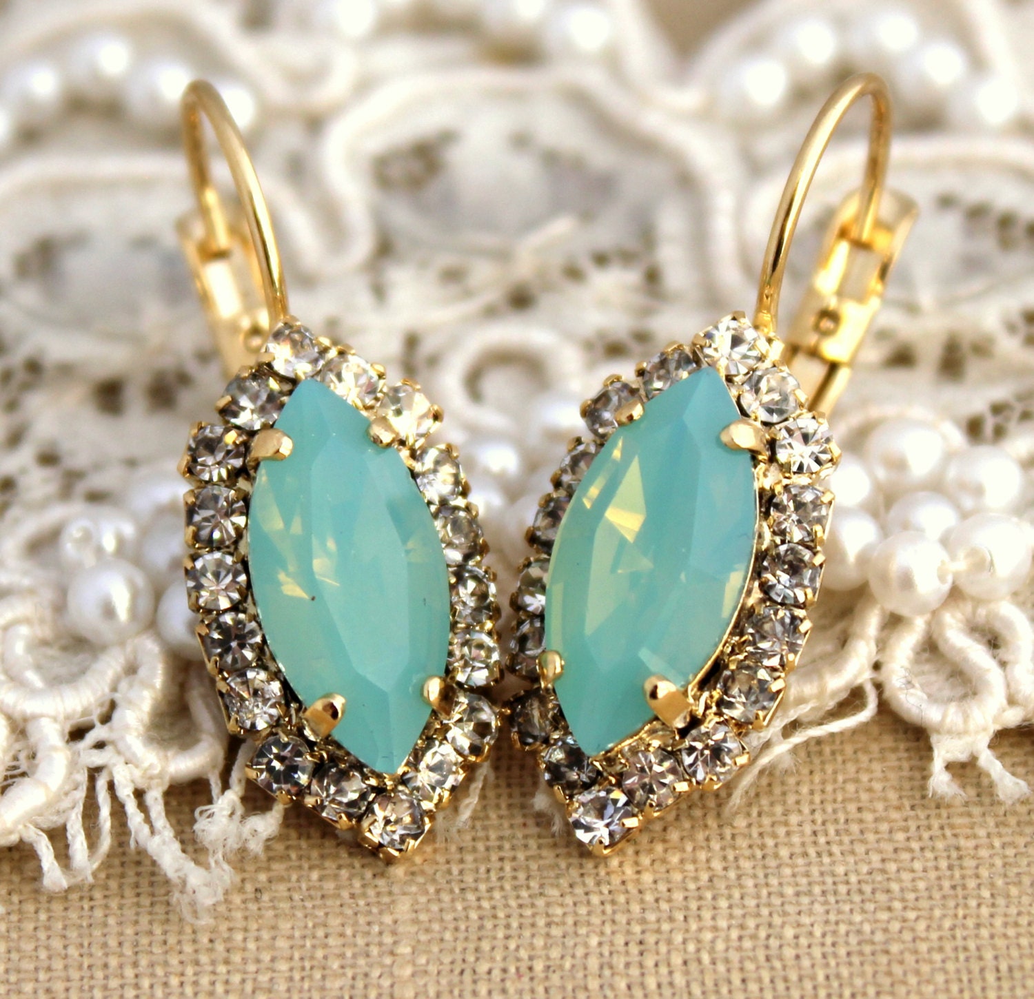 Mint green Crystal earring chic jewelry - 14 k plated gold earrings real swarovski rhinestones .