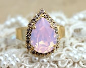 Opal Pink tear drop adjustable ring - 14 k plated gold adjustable ring real swarovski rhinestones.