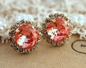 Pink peach Crystal stud Petite vintage earring - 14k plated gold post earrings real swarovski rhinestones .