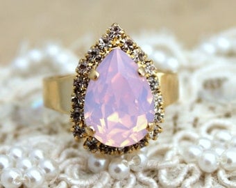 Opal Pink tear drop adjustable ring - 14 k plated gold adjustable ring real swarovski rhinestones.
