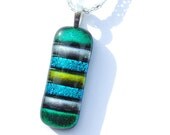 Horizontally Hip -- Dichroic Glass Pendant, Fused Glass Jewelry, Modern, Green, Silver Gold, Blue, Black (Item 10225-P)