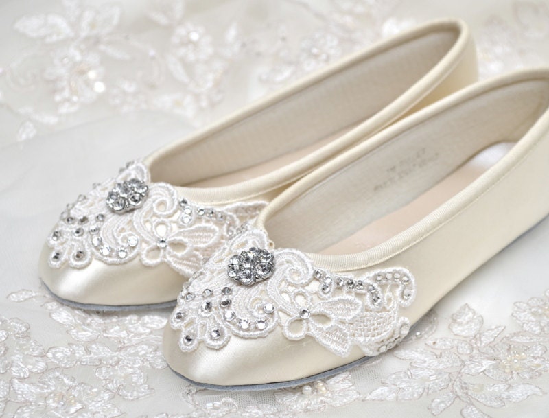 Girl's Shoes - Ballet Flats, Vintage Lace,Wedding Flower Girl Shoes, With Swarovski Crystals, Little Belle Flower Girl Shoes