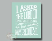 8x10 Fine Art Giclee Print- Bible Verse Art - I Asked the Lord - Hand Typography - Mint and White - Boy Nursery Art