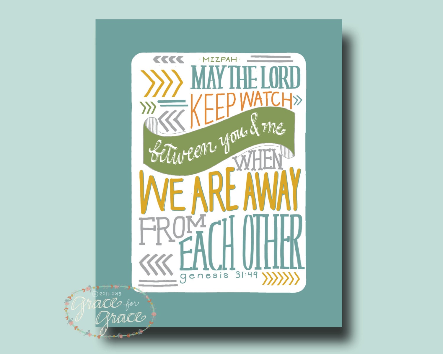 8x10 Fine Art Giclee Print- May the Lord Keep Watch Between You and Me - Hand Typography - Teal, Mustard, Olive, Grey - graceforgrace