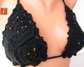 NEW,  Black  Bikini  Top  with red beads, halter, Beach, Pool Party,  Sexy, Brazilian, summer wear, swim wear,  granny squares, Gift For Her