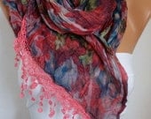 Red Floral Scarf - Cotton Scarf - Shawl - Cowl Scarf with Lace Edge - fatwoman- Spring Flowers - Beach wrap