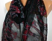 BIG SALE Black Lace  Scarf - Shawl  Scarf - Cowl Scarf  with Lace Edge -  Red Roses