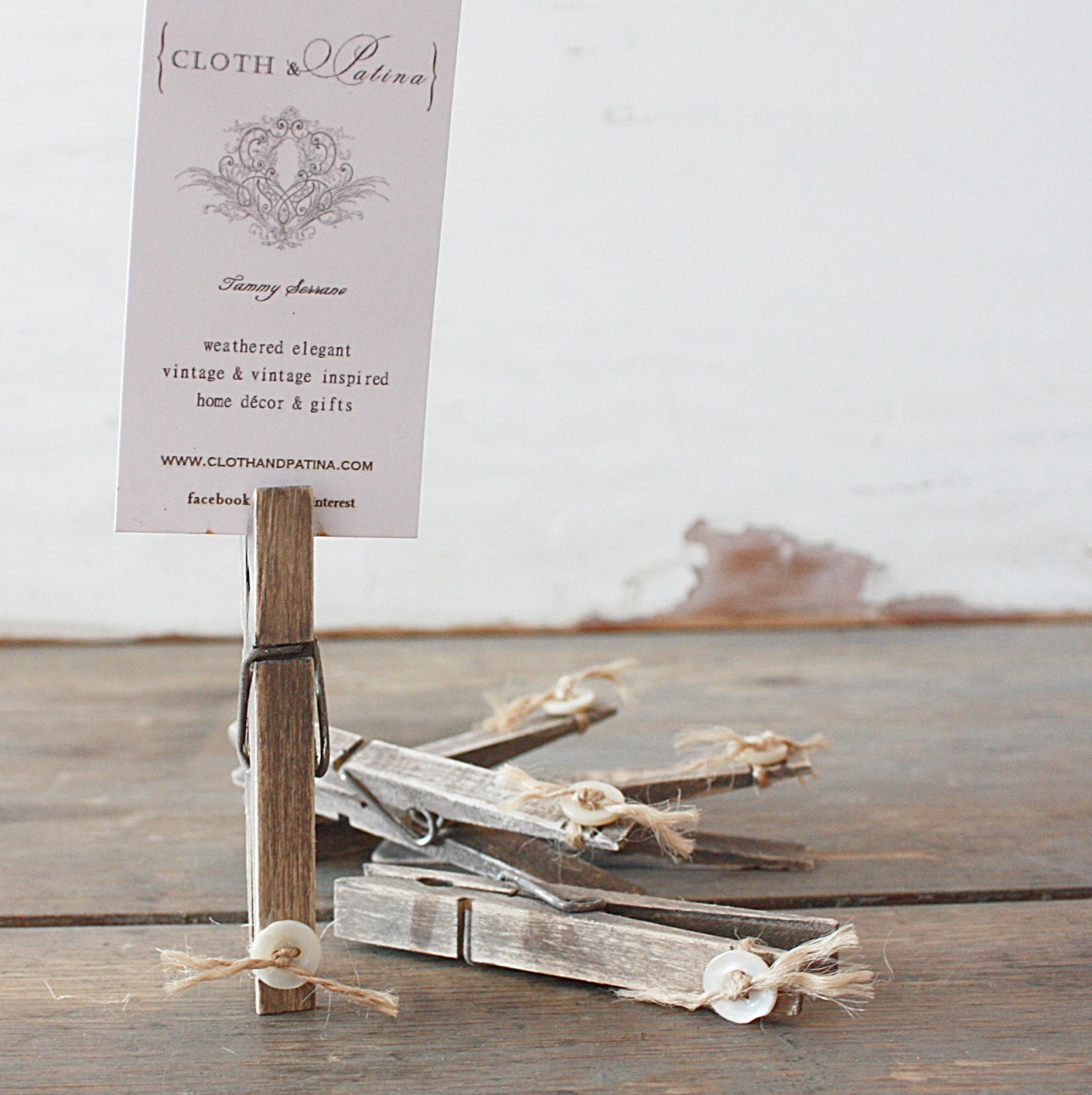 Weathered Clothespins with Jute - Vintage Buttons - Set of Five