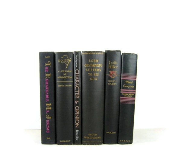 Decorative Books Black  with Gold and Pink Lettering Vintage Books Wedding Decor , Photo Prop