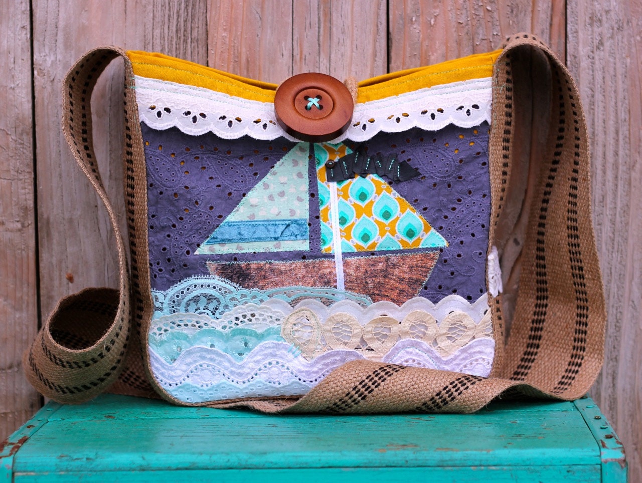 Leah Hip Bag in charming sailboat, vintage lace, turquoise, mint, grey, ochre & rustic jute strap