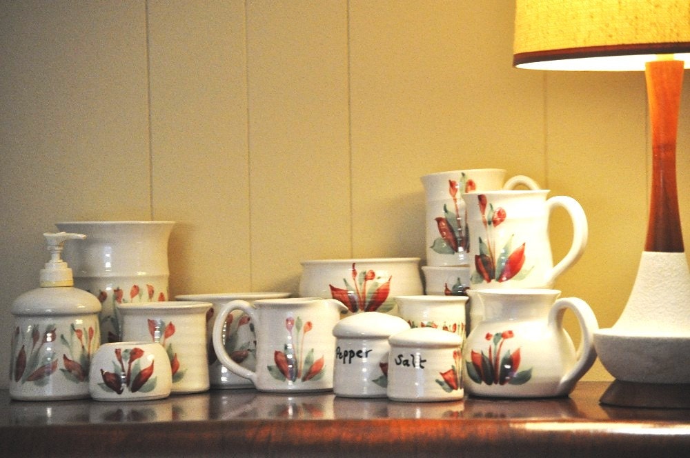 Kitchen Dishes Accessory Set. Vintage Stoneware Pottery Deadstock -16 Piece Instant Collection of Pottery