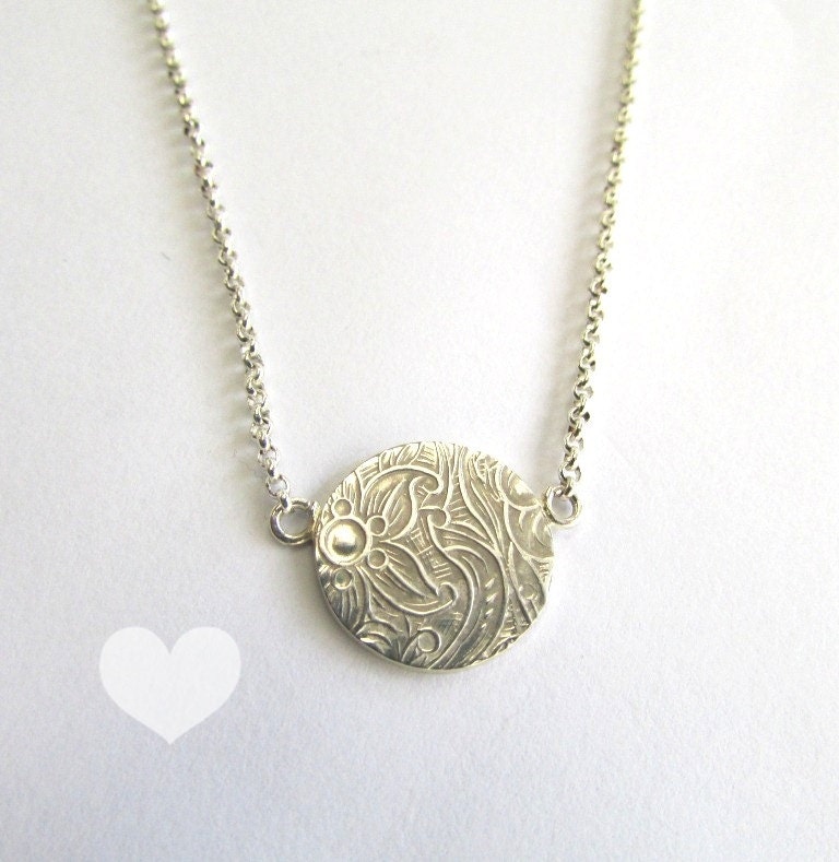 round pattern necklace floral neclace sterling silver necklace disc necklace