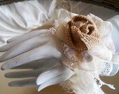 Burlap Wrist Corsages, rustic burlap roses, vintage style shabby chic sheer and lace.