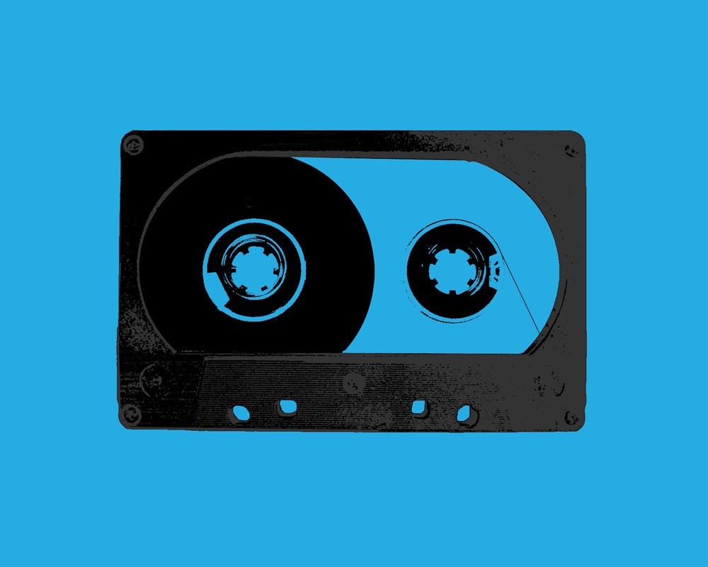 Blue Cassette Tape 2 8 X 10 digital illustration print 80's mix tape pop art retro music gift