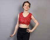 60s BANDANA Print CROP TOP / Cherry Red / Rockabilly Western Blouse, m