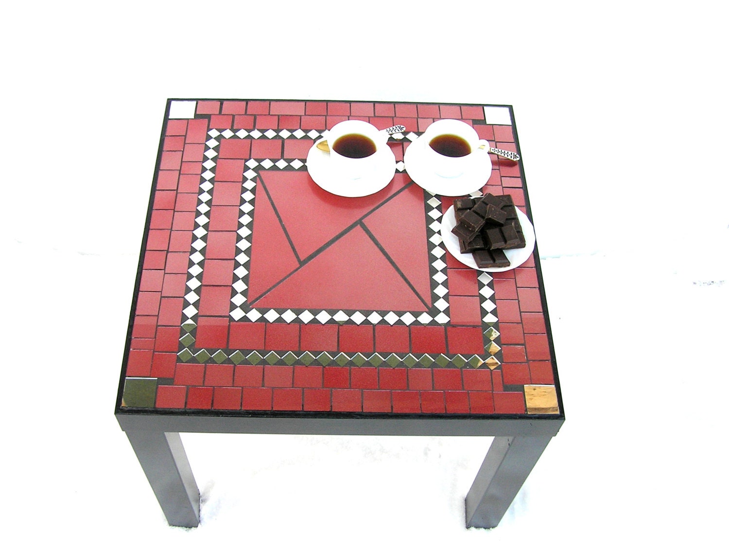Mosaic coffee table modern furniture red black salmon pink raspberry color